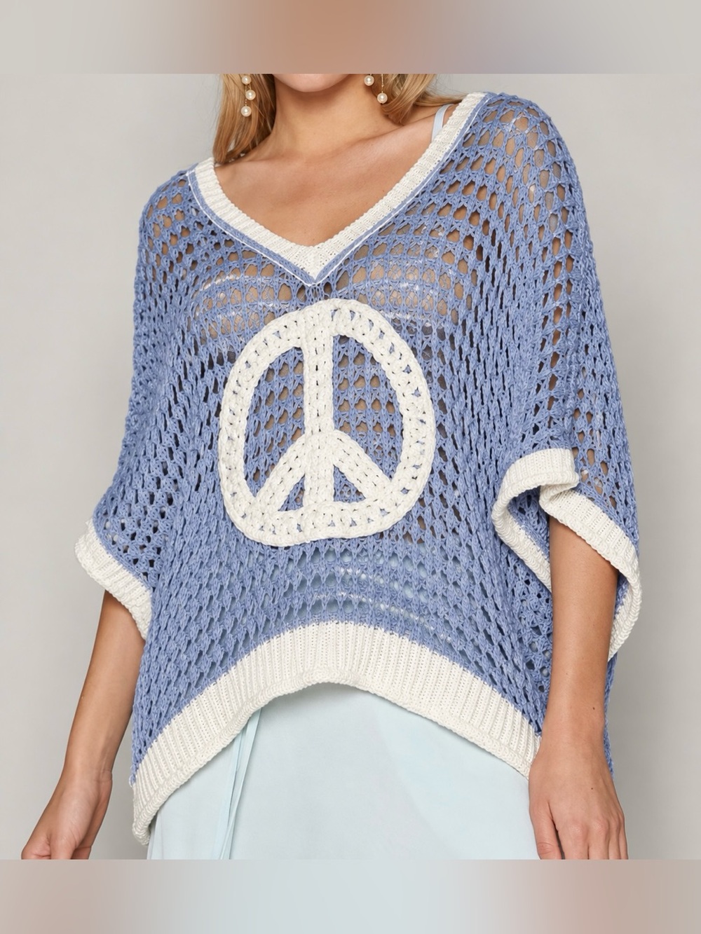 POL Periwinkle with White Peace Sign Crochet V-Neck Oversized Sweater - Size S